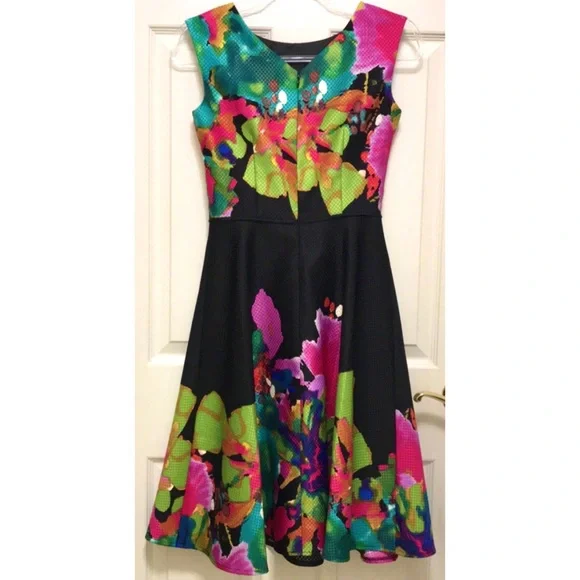 Tahari Vibrant Watercolor Fit and Flare Dress - Picture 6 of 16